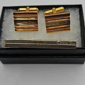 Christian Dior Bullet Back Gold and Silver Tone Cufflinks and Tie Bar